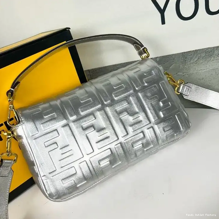 Affordable HOT Leather Silver Medium Baguette FF Fendi Motif In Nappa Bag 0418